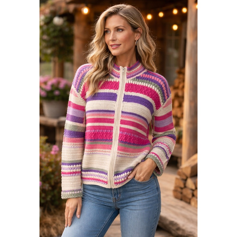Boston Proper Lambswool Crochet Zip Cardigan Womens L Stripe‎ Boho Chunky Knit